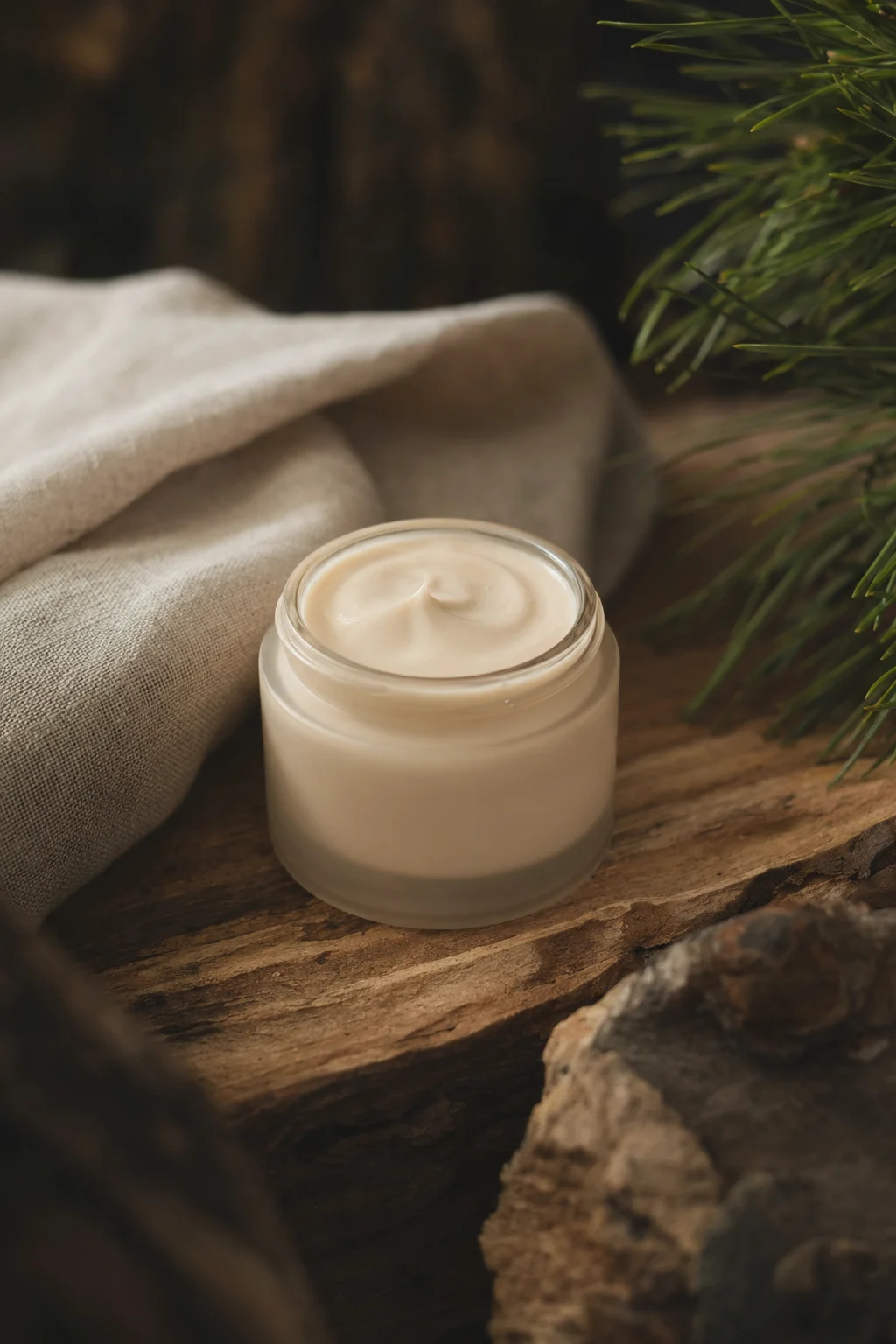 松花修护身体乳产品视觉，米金色乳液质地置于浅木背景。