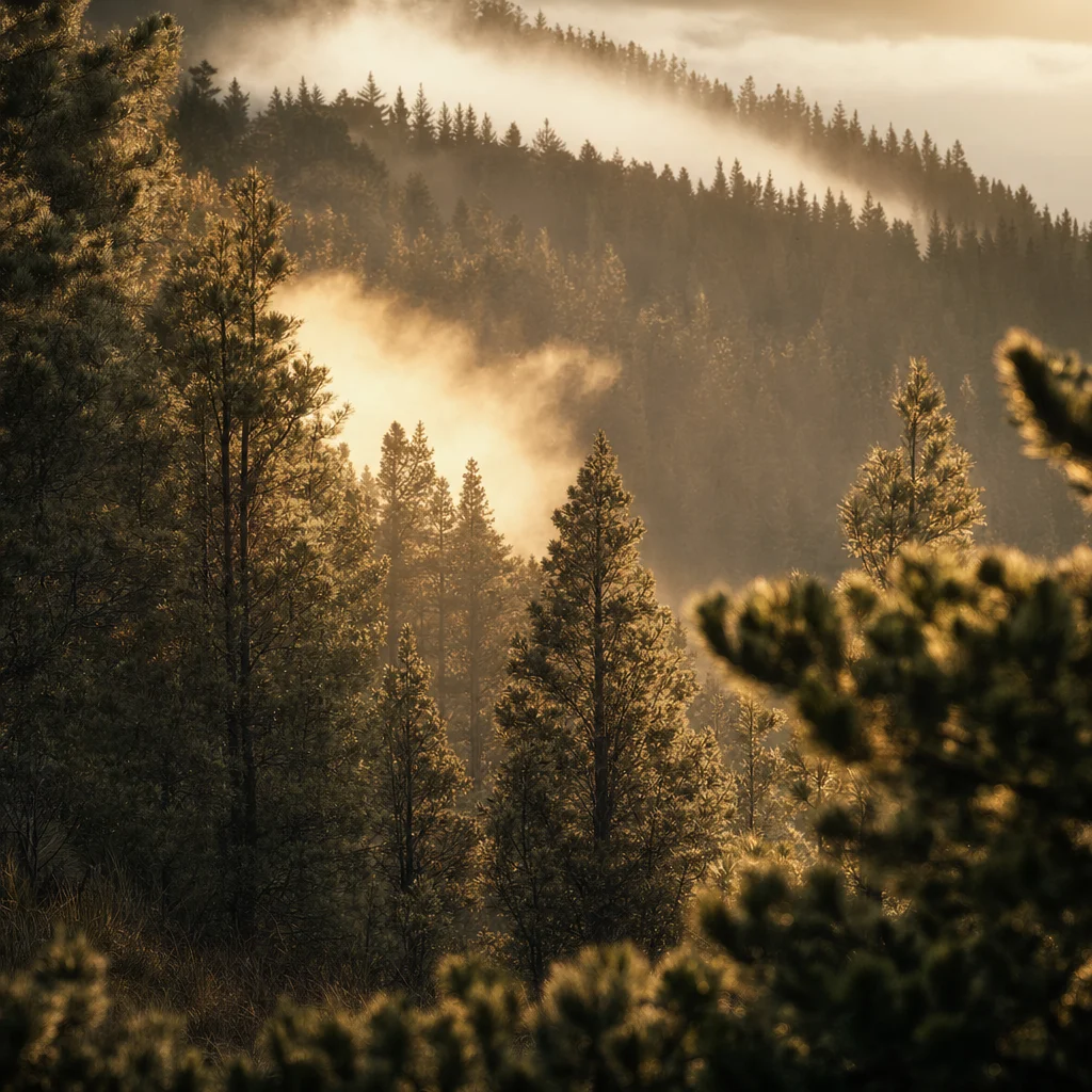 新西兰南岛松林清晨，光线穿过树梢。