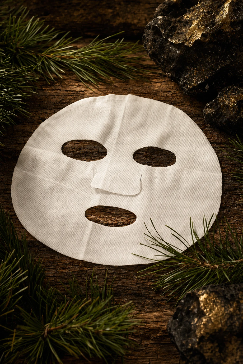 松花再生面膜产品视觉，金色与米色调，置于松针与原木背景之上。