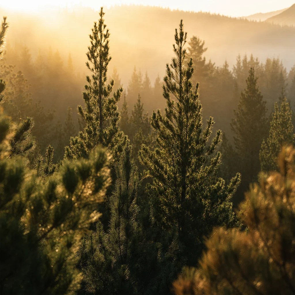 新西兰南岛松林晨雾，阳光穿过松针。