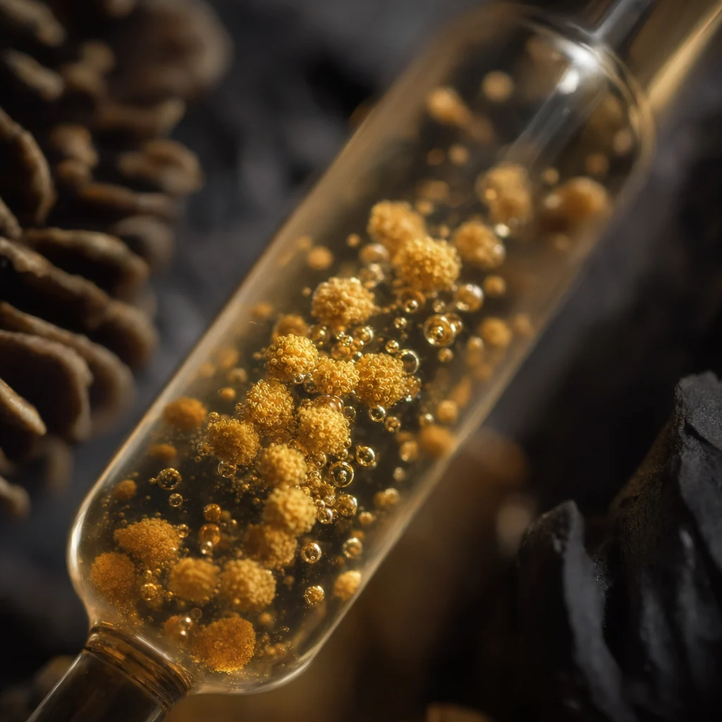 松花原料显微视觉，半透明金色微粒漂浮于精华液中。