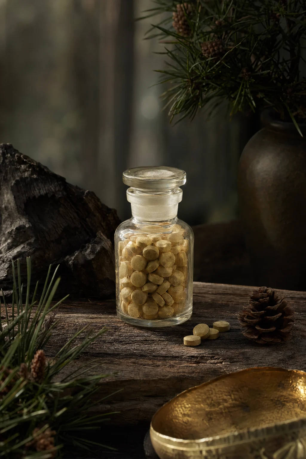 松花日常片产品视觉，金色片剂与玻璃瓶身置于木质桌面。